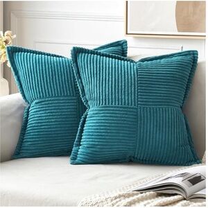 ‘Car Home Office Outdoors’ Striped Patchwork Corduroy Pillow Covers TEAL BLUE